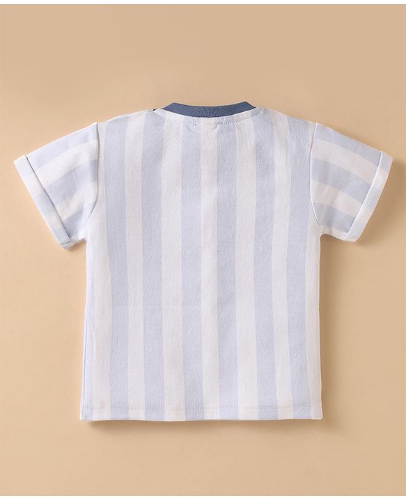 ToffyHouse Half Sleeves Striped T-Shirt & Shorts Set with Bear Print & Patch - Light Blue & White