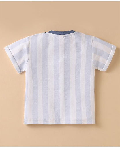 ToffyHouse Half Sleeves Striped T-Shirt & Shorts Set with Bear Print & Patch - Light Blue & White