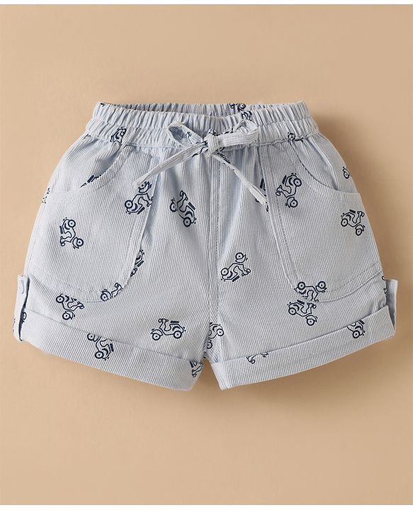 ToffyHouse Half Sleeves Striped T-Shirt & Shorts Set with Bear Print & Patch - Light Blue & White