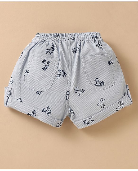 ToffyHouse Half Sleeves Striped T-Shirt & Shorts Set with Bear Print & Patch - Light Blue & White