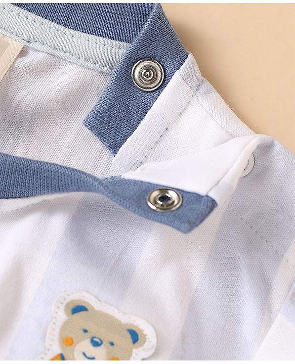 ToffyHouse Half Sleeves Striped T-Shirt & Shorts Set with Bear Print & Patch - Light Blue & White