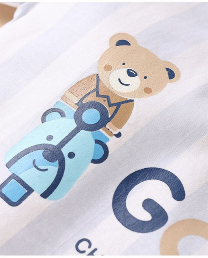ToffyHouse Half Sleeves Striped T-Shirt & Shorts Set with Bear Print & Patch - Light Blue & White