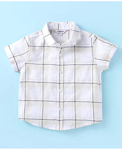 ToffyHouse Poplin Woven Half Sleeves Checks Shirt & Shorts Set with Bow & Suspender - White Tan