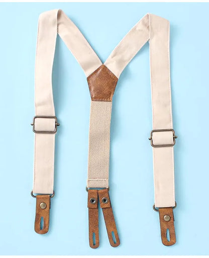 ToffyHouse Poplin Woven Half Sleeves Checks Shirt & Shorts Set with Bow & Suspender - White Tan