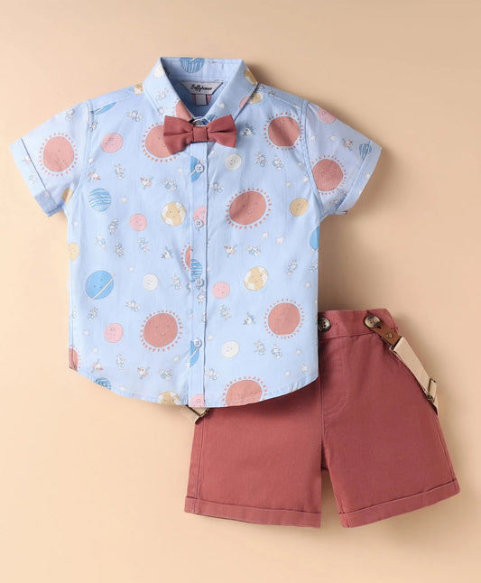 ToffyHouse  Half Sleeves Space Theme Printed Shirt & Shorts Set with Bow & Suspender - Light Blue & Brown