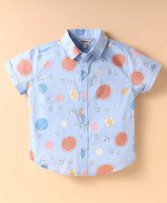 ToffyHouse  Half Sleeves Space Theme Printed Shirt & Shorts Set with Bow & Suspender - Light Blue & Brown