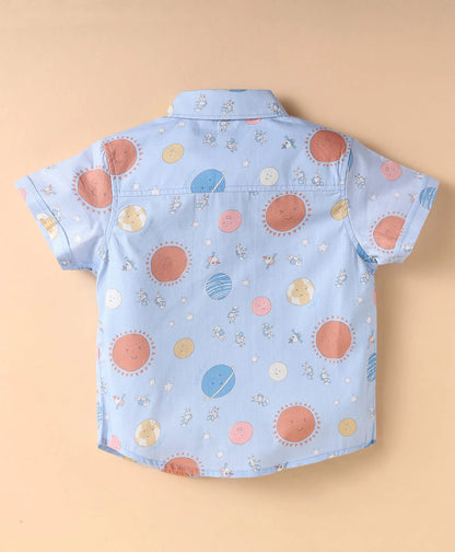 ToffyHouse  Half Sleeves Space Theme Printed Shirt & Shorts Set with Bow & Suspender - Light Blue & Brown