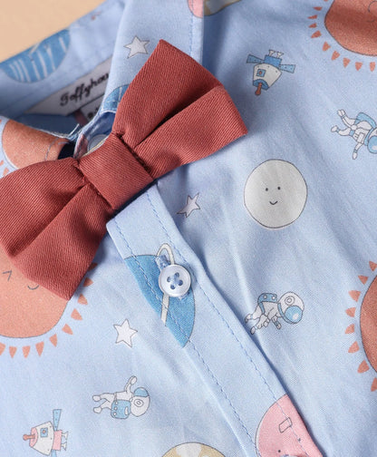 ToffyHouse  Half Sleeves Space Theme Printed Shirt & Shorts Set with Bow & Suspender - Light Blue & Brown