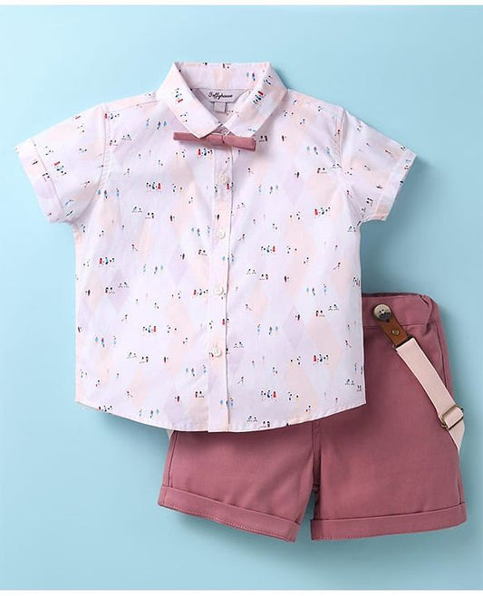 ToffyHouse Half Sleeves Printed Shirt & Shorts With Bow & Suspender - Plum