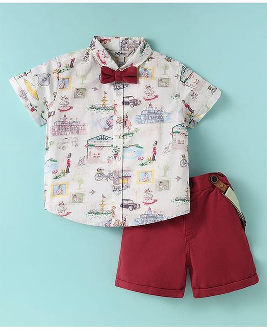 ToffyHouse Half Sleeves Printed T-Shirt & Shorts With Bow & Suspender - Red