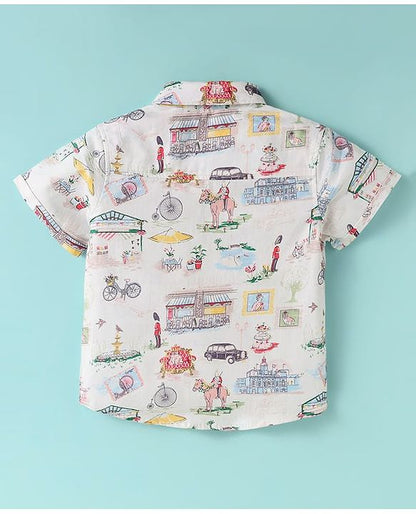 ToffyHouse Half Sleeves Printed T-Shirt & Shorts With Bow & Suspender - Red