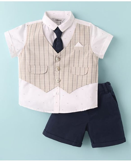 ToffyHouse  Half Sleeves Printed Shirt & Shorts With Attached Waistcoat & Tie - White & Navy Blue