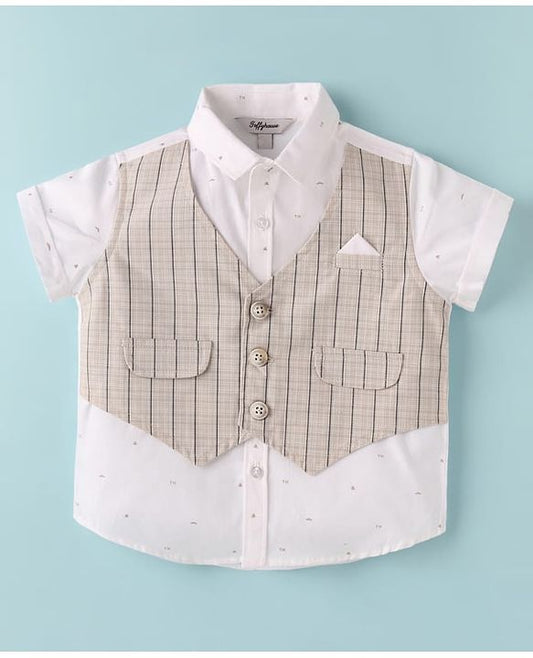 ToffyHouse Half Sleeves Printed Shirt & Shorts With Attached Waistcoat & Tie - White & Navy Blue