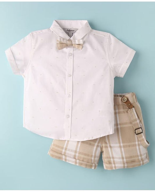 ToffyHouse Half Sleeves Printed Shirt & Shorts With Bow & Suspender - White & Tan