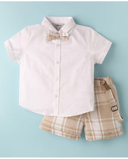 ToffyHouse Half Sleeves Printed Shirt & Shorts With Bow & Suspender - White & Tan