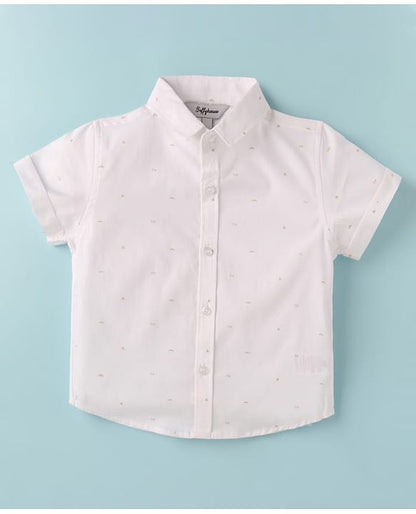 ToffyHouse Half Sleeves Printed Shirt & Shorts With Bow & Suspender - White & Tan