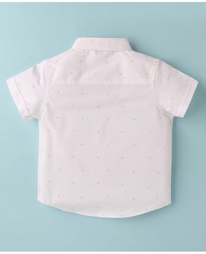 ToffyHouse Half Sleeves Printed Shirt & Shorts With Bow & Suspender - White & Tan