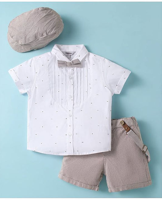 ToffyHouse Half Sleeves Printed Shirt & Shorts With Bow Suspender & Hat - White & Sand