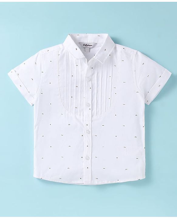 ToffyHouse Half Sleeves Printed Shirt & Shorts With Bow Suspender & Hat - White & Sand
