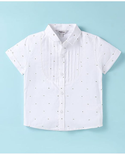 ToffyHouse Half Sleeves Printed Shirt & Shorts With Bow Suspender & Hat - White & Sand
