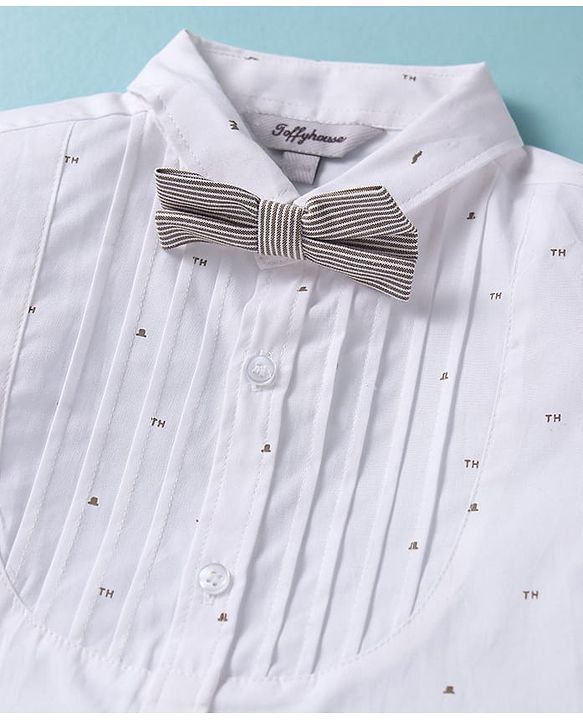 ToffyHouse Half Sleeves Printed Shirt & Shorts With Bow Suspender & Hat - White & Sand