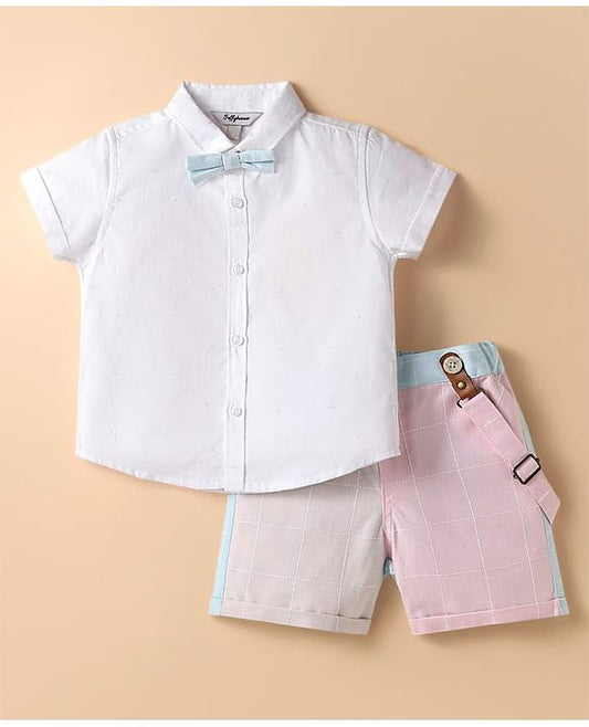 ToffyHouse Half Sleeves Solid Shirt &  Shorts Set with Suspender & Bow Tie - White & Pink