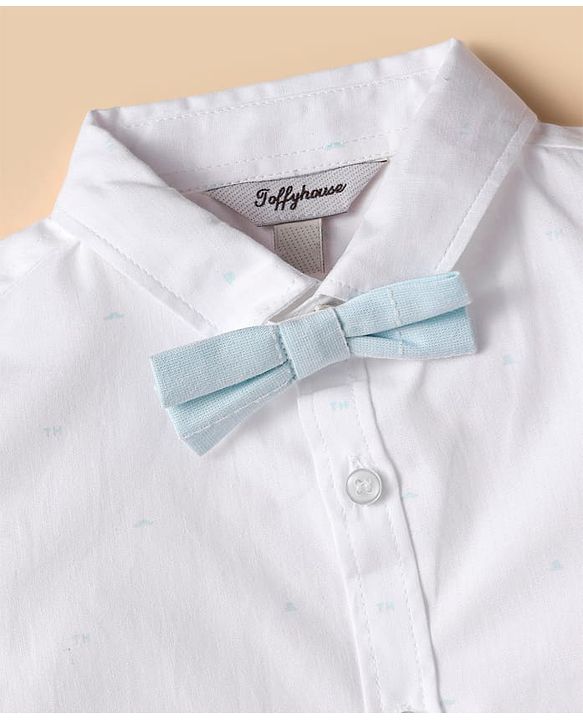 ToffyHouse Half Sleeves Solid Shirt &  Shorts Set with Suspender & Bow Tie - White & Pink
