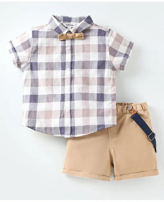 ToffyHouse Poplin Woven Half Sleeves Checks Shirt & Shorts Set with Bow & Suspender - Tan Blue