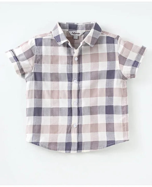 ToffyHouse Poplin Woven Half Sleeves Checks Shirt & Shorts Set with Bow & Suspender - Tan Blue