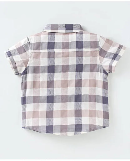 ToffyHouse Poplin Woven Half Sleeves Checks Shirt & Shorts Set with Bow & Suspender - Tan Blue