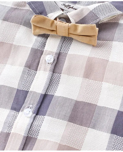 ToffyHouse Poplin Woven Half Sleeves Checks Shirt & Shorts Set with Bow & Suspender - Tan Blue