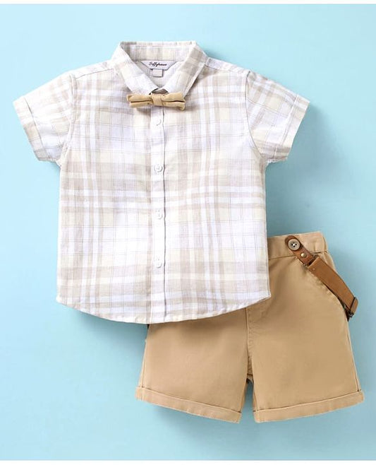 ToffyHouse Half Sleeves Shirt & Shorts Set with Bow & Suspender - Tan Cream