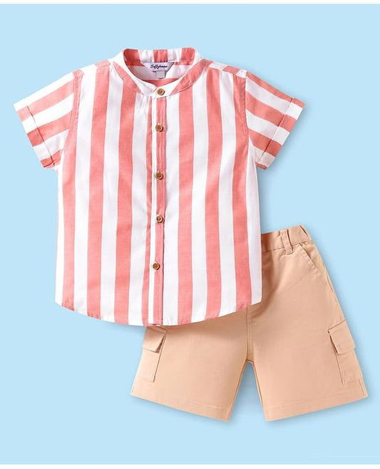 ToffyHouse  Half Sleeves Mandarin Collar Striped Shirt & Shorts Set - Red