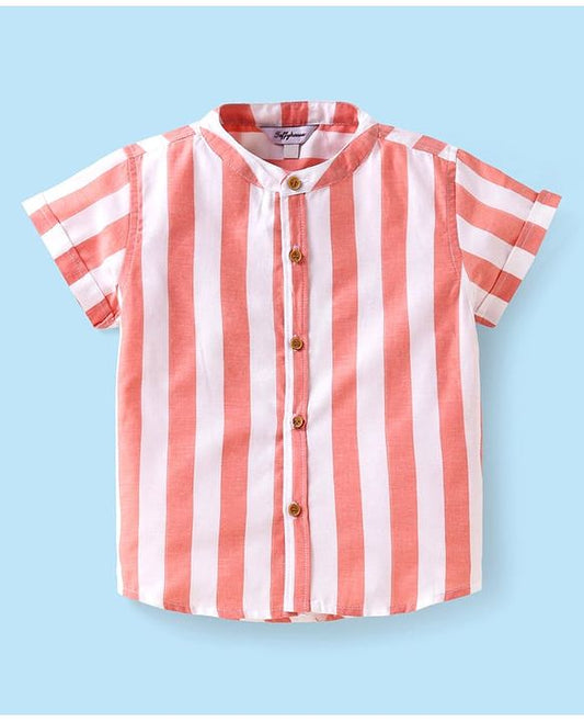 ToffyHouse  Half Sleeves Mandarin Collar Striped Shirt & Shorts Set - Red