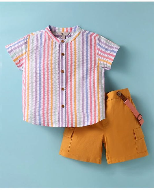 ToffyHouse  Half Sleeves Striped Shirt & Shorts with Suspender - White & Beige