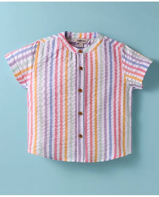 ToffyHouse  Half Sleeves Striped Shirt & Shorts with Suspender - White & Beige