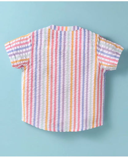 ToffyHouse  Half Sleeves Striped Shirt & Shorts with Suspender - White & Beige