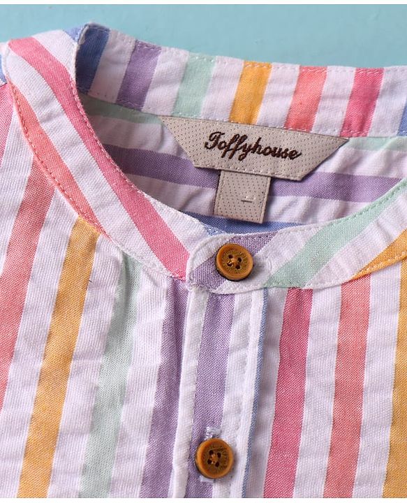 ToffyHouse  Half Sleeves Striped Shirt & Shorts with Suspender - White & Beige