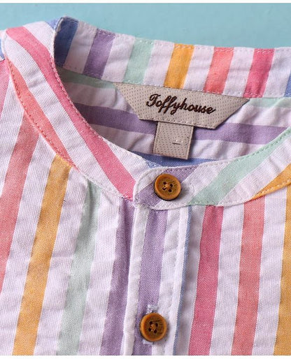 ToffyHouse  Half Sleeves Striped Shirt & Shorts with Suspender - White & Beige