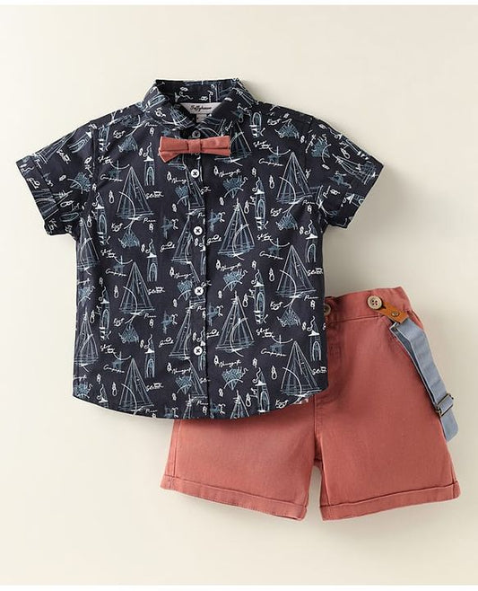 ToffyHouse  Half Sleeves Boat Printed Shirt & Shorts With Bow & Suspender - Charcoal Grey