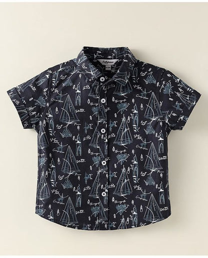 ToffyHouse  Half Sleeves Boat Printed Shirt & Shorts With Bow & Suspender - Charcoal Grey