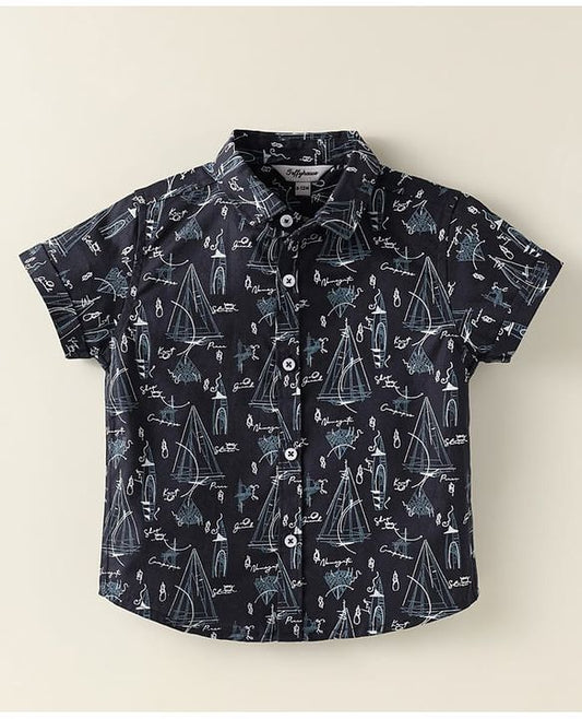 ToffyHouse  Half Sleeves Boat Printed Shirt & Shorts With Bow & Suspender - Charcoal Grey