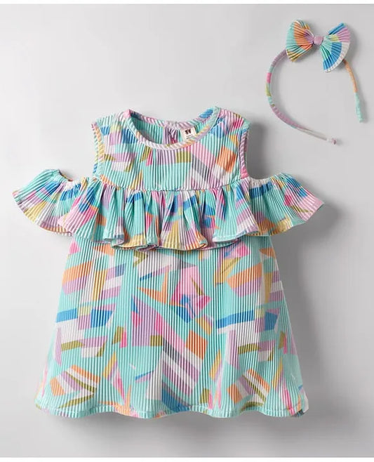 ToffyHouse Cotton Woven Sleeveless Abstract Printed Frock with Headband & Frill Detailing - Light Blue