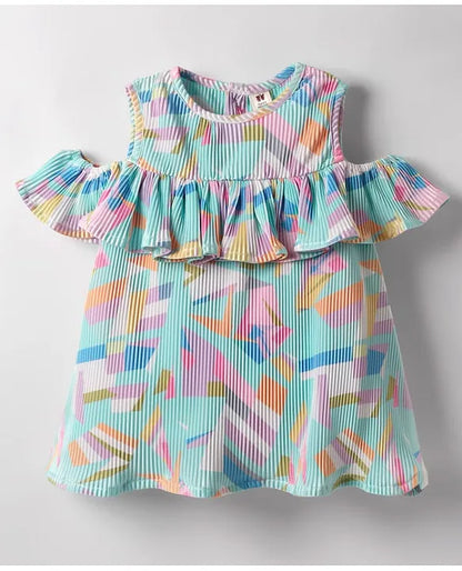 ToffyHouse Cotton Woven Sleeveless Abstract Printed Frock with Headband & Frill Detailing - Light Blue
