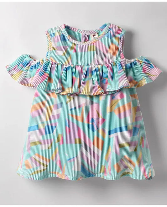 ToffyHouse Cotton Woven Sleeveless Abstract Printed Frock with Headband & Frill Detailing - Light Blue