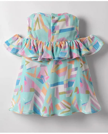 ToffyHouse Cotton Woven Sleeveless Abstract Printed Frock with Headband & Frill Detailing - Light Blue