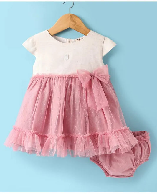 ToffyHouse Cotton Woven Cap Sleeves Frock With Bow Applique & Bloomer - Mauve