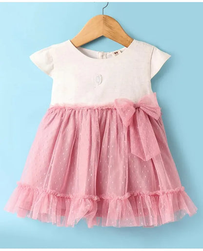 ToffyHouse Cotton Woven Cap Sleeves Frock With Bow Applique & Bloomer - Mauve