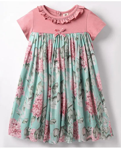 ToffyHouse Cotton Woven Half Sleeves Frocks With Floral Print & Bow Applique - Pink