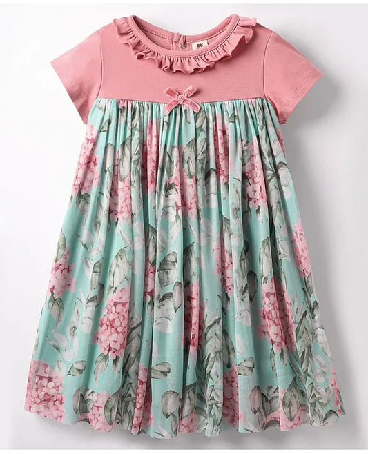 ToffyHouse Cotton Woven Half Sleeves Frocks With Floral Print & Bow Applique - Pink